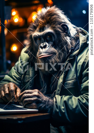 Man in gorilla suit sitting at laptop computer. Generative AI Man in gorilla suit sitting at laptop computer. Generative AI 110179906