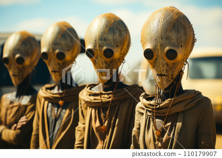 Group of three alien men standing next to each other. Generative AI 110179907