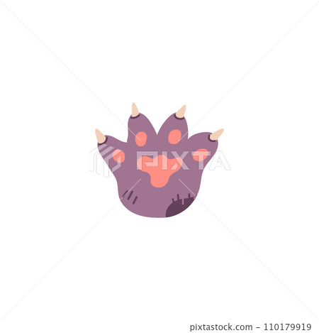 Dog or cat fluffy paw with sharp claws and feet toes, cute animal footprint, pads on the pet furry paw vector sticker 110179919