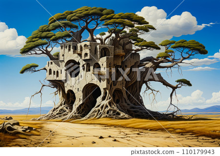 Image of tree with castle built into it. Generative AI 110179943