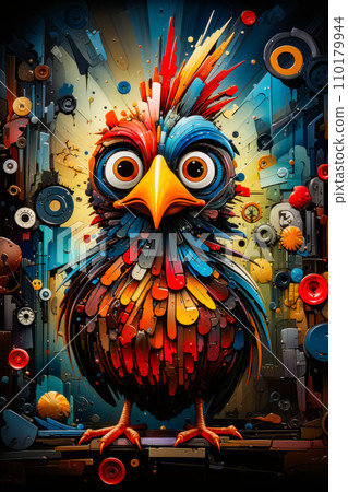 Image of colorful bird with lots of buttons on it. Generative AI 110179944