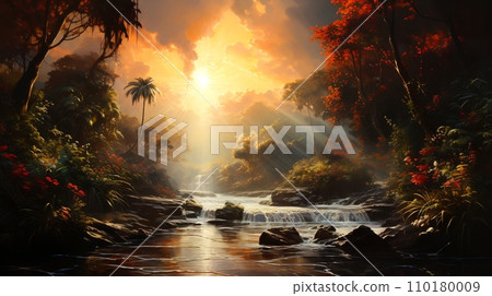 Image of sunset over river with waterfall. Generative AI 110180009
