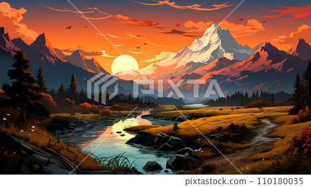 Image of mountain landscape with river in the foreground. Generative AI 110180035