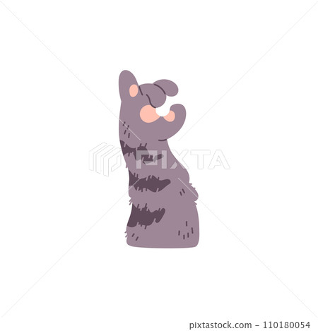 Dog or cat fluffy striped paw, vector cute animal gray foot, pet furry paw points with finger, funny pussycat sticker 110180054