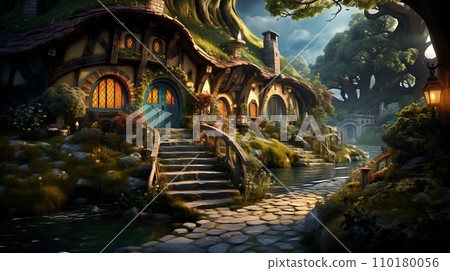 Image of house on hill with stairs leading up to it. Generative AI Image of house on hill with stairs leading up to it. Generative AI 110180056