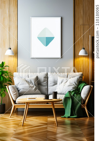 Living room with white couch and green blanket. Generative AI Living room with white couch and green blanket. Generative AI 110180065