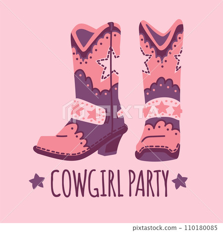 Wild west cowgirl boots with stars, pink leather shoes vintage style retro western footwear, Cowgirl party vector poster 110180085