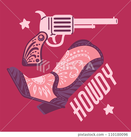 Wild west cowgirl boot with gun, Western retro female footwear and revolver vector poster on pink, vintage accessories 110180096