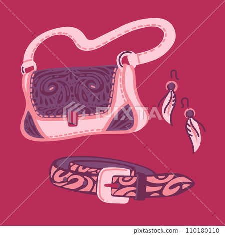 Retro west cowgirl accessories vector set, Boho style bag, belt and earrings with floral print for women, western style Retro west cowgirl accessories vector set, Boho style bag, belt and earrings with floral print for women, western style 110180110