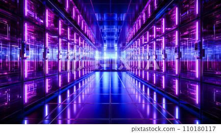 Large room filled with lots of purple and blue lights. Generative AI 110180117