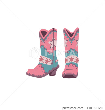 Wild west cowgirl boots with stars, vector pink leather shoes retro vintage style, western footwear, rodeo accessory 110180120
