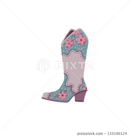 Wild west cowgirl boot with floral print, pink stylish leather shoe vintage style, vector retro rodeo western footwear 110180124