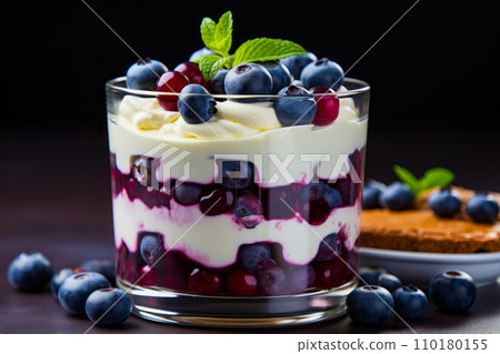 Close up of dessert with blueberries and cream. Generative AI 110180155