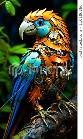 Colorful bird sitting on top of wooden tree branch. Generative AI 110180166