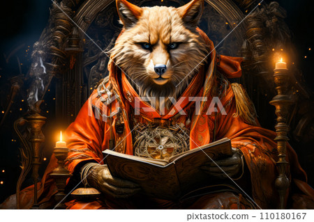 Image of fox reading book with candle in the background. Generative AI 110180167