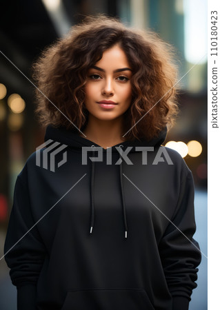 Woman with curly hair wearing black hoodie. Generative AI 110180423
