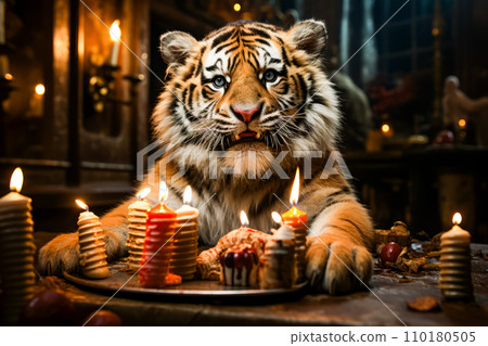 Tiger sitting in front of cake with lit candles. Generative AI 110180505