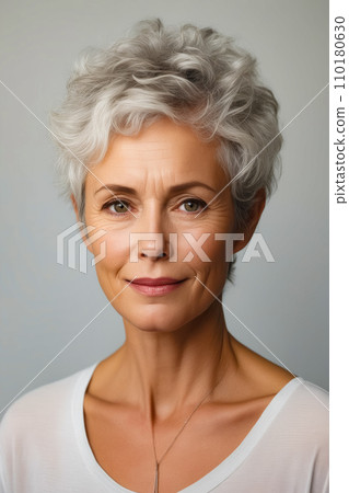 Woman with short white haircut and smile. Generative AI 110180630
