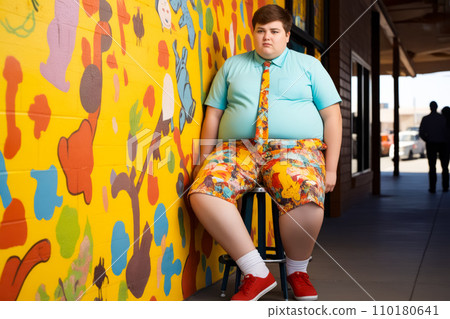 Man in tie and shorts leaning against wall. Generative AI Man in tie and shorts leaning against wall. Generative AI 110180641