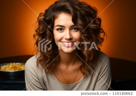 Woman with smile on her face and brown shirt. Generative AI 110180662