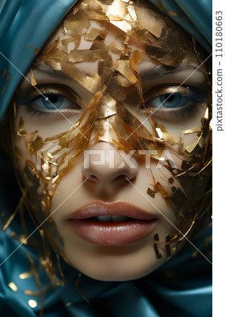 Woman with gold mask on her face and gold leaves on her face. Generative AI 110180663
