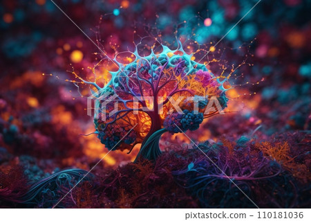 A neuron net inside of brain, shimmering with a vibrant rainbow of colors 110181036