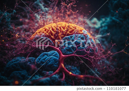 A neuron net inside of brain, shimmering with a vibrant rainbow of colors 110181077