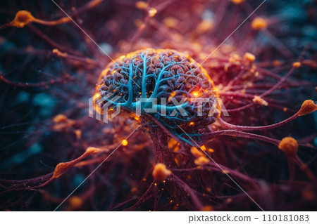 A neuron net inside of brain, shimmering with a vibrant rainbow of colors 110181083