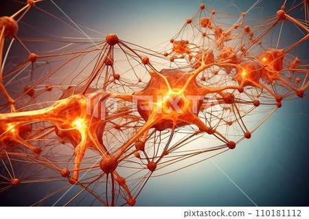 Abstract geometric background. DNA with hexagons. Structure of human brain cells, DNA neurons glowing light blue and yellow colors. Medicine, technology, communication concept. 110181112