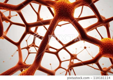 Abstract geometric background. DNA with hexagons. Structure of human brain cells, DNA neurons glowing light blue and yellow colors. Medicine, technology, communication concept. 110181114