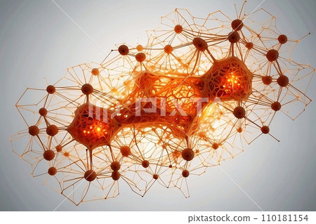 Abstract geometric background. DNA with hexagons. Structure of human brain cells, DNA neurons glowing light blue and yellow colors. Medicine, technology, communication concept. Abstract geometric background. DNA with hexagons. Structure of human brain cells, DNA neurons glowing light blue and yellow colors. Medicine, technology, communication concept. 110181154