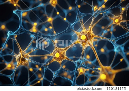 Abstract geometric background. DNA with hexagons. Structure of human brain cells, DNA neurons glowing light blue and yellow colors. Medicine, technology, communication concept. Abstract geometric background. DNA with hexagons. Structure of human brain cells, DNA neurons glowing light blue and yellow colors. Medicine, technology, communication concept. 110181155