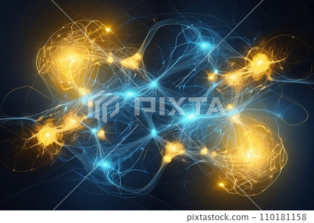 Abstract geometric background. DNA with hexagons. Structure of human brain cells, DNA neurons glowing light blue and yellow colors. Medicine, technology, communication concept. Abstract geometric background. DNA with hexagons. Structure of human brain cells, DNA neurons glowing light blue and yellow colors. Medicine, technology, communication concept. 110181158