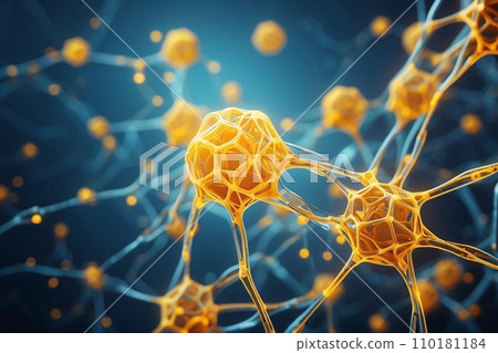 Abstract geometric background. DNA with hexagons. Structure of human brain cells, DNA neurons glowing light blue and yellow colors. Medicine, technology, communication concept. 110181184