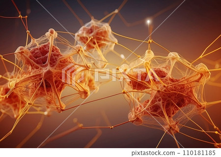Abstract geometric background. DNA with hexagons. Structure of human brain cells, DNA neurons glowing light blue and yellow colors. Medicine, technology, communication concept. Abstract geometric background. DNA with hexagons. Structure of human brain cells, DNA neurons glowing light blue and yellow colors. Medicine, technology, communication concept. 110181185