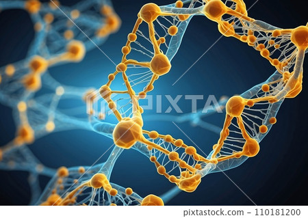Abstract geometric background. DNA with hexagons. Structure of human brain cells, DNA neurons glowing light blue and yellow colors. Medicine, technology, communication concept. Abstract geometric background. DNA with hexagons. Structure of human brain cells, DNA neurons glowing light blue and yellow colors. Medicine, technology, communication concept. 110181200