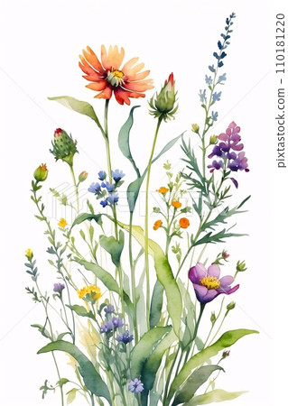 watercolor painting of a field of wildflowers on a rough, textured canvas. watercolor painting of a field of wildflowers on a rough, textured canvas. 110181220