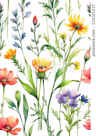watercolor painting of a field of wildflowers on a rough, textured canvas. watercolor painting of a field of wildflowers on a rough, textured canvas. 110181237