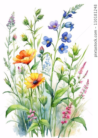 watercolor painting of a field of wildflowers on a rough, textured canvas. 110181248