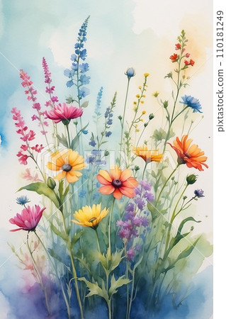 watercolor painting of a field of wildflowers on a rough, textured canvas. watercolor painting of a field of wildflowers on a rough, textured canvas. 110181249