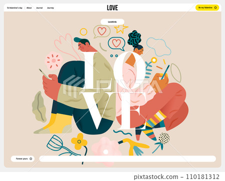 Valentine: Digital Whispers - modern flat vector concept illustration of a couple seated close, messaging each other. Metaphor for the intimacy of modern digital communication Valentine: Digital Whispers - modern flat vector concept illustration of a couple seated close, messaging each other. Metaphor for the intimacy of modern digital communication 110181312