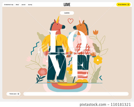 Valentine: Playful Connection - modern flat vector concept illustration of a couple in unicorn costumes holding hands. Metaphor of love, whimsical and imaginative side of romance 110181321