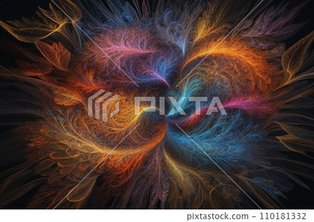 Abstract image of a magnificent array of miniature, iridescent particles, delicately arranged to form a mesmerizing pattern of kaleidoscopic colors. Vivid chromatic nanotechnology background. 110181332