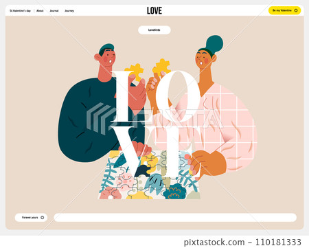 Valentine: Unexpected Match -modern flat vector concept illustration of a couple with duplicate puzzle pieces, a twist in their completion. Metaphor for life's surprising coincidences in relationships 110181333