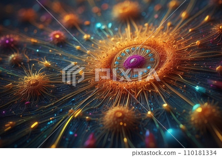 Abstract image of a magnificent array of miniature, iridescent particles, delicately arranged to form a mesmerizing pattern of kaleidoscopic colors. Vivid chromatic nanotechnology background. Abstract image of a magnificent array of miniature, iridescent particles, delicately arranged to form a mesmerizing pattern of kaleidoscopic colors. Vivid chromatic nanotechnology background. 110181334