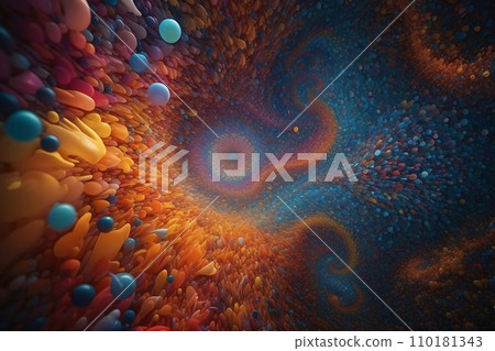 Abstract image of a magnificent array of miniature, iridescent particles, delicately arranged to form a mesmerizing pattern of kaleidoscopic colors. Vivid chromatic nanotechnology background. 110181343