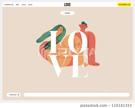 Valentine: Embraced in Harmony - modern flat vector concept illustration of a naked couple intertwined in a serene, floral environment. Metaphor of unity, affection, love, connection, growth 110181353