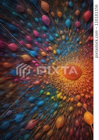 Abstract image of a magnificent array of miniature, iridescent particles, delicately arranged to form a mesmerizing pattern of kaleidoscopic colors. Vivid chromatic nanotechnology background. Abstract image of a magnificent array of miniature, iridescent particles, delicately arranged to form a mesmerizing pattern of kaleidoscopic colors. Vivid chromatic nanotechnology background. 110181356