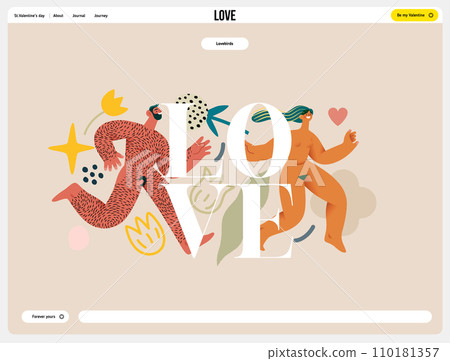 Valentine: Love Chase - modern flat vector concept illustration of laughing naked couple running in a floral environment. Metaphor of sex, affection, love, pursuit in romance Valentine: Love Chase - modern flat vector concept illustration of laughing naked couple running in a floral environment. Metaphor of sex, affection, love, pursuit in romance 110181357