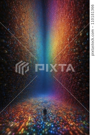 Abstract image of a magnificent array of miniature, iridescent particles, delicately arranged to form a mesmerizing pattern of kaleidoscopic colors. Vivid chromatic nanotechnology background. Abstract image of a magnificent array of miniature, iridescent particles, delicately arranged to form a mesmerizing pattern of kaleidoscopic colors. Vivid chromatic nanotechnology background. 110181366
